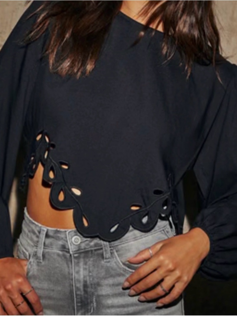 Vici Black Scalloped Cutout Long-Sleeve Crop Top
